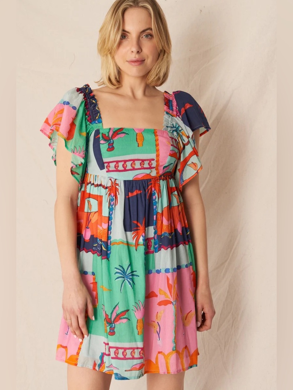 En Crème Printed Flutter Sleeve Dress
100% Cotton, lined, vacation, summer